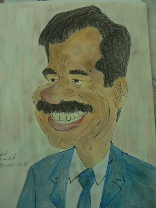 This is a caricature of the president of Irak.
Saddam Hussein Abd al-Majid al-Tikriti (Arabic: صدام حسين عبد المجيد التكريتي Ṣaddām Ḥusayn ʿAbd al-Maǧīd al-Tikrītī; 28 April 1937 – 30 December 2006) was the fifth President of Iraq, serving in this capacity from 16 July 1979 until 9 April 2003. A leading member of the revolutionary Arab Socialist Ba'ath Party, and later, the Baghdad-based Ba'ath Party and its regional organization the Iraqi Ba'ath Party—which espoused Ba'athism, a mix of Arab nationalism and socialism—Saddam played a key role in the 1968 coup (later referred to as the 17 July Revolution) that brought the party to power in Iraq.