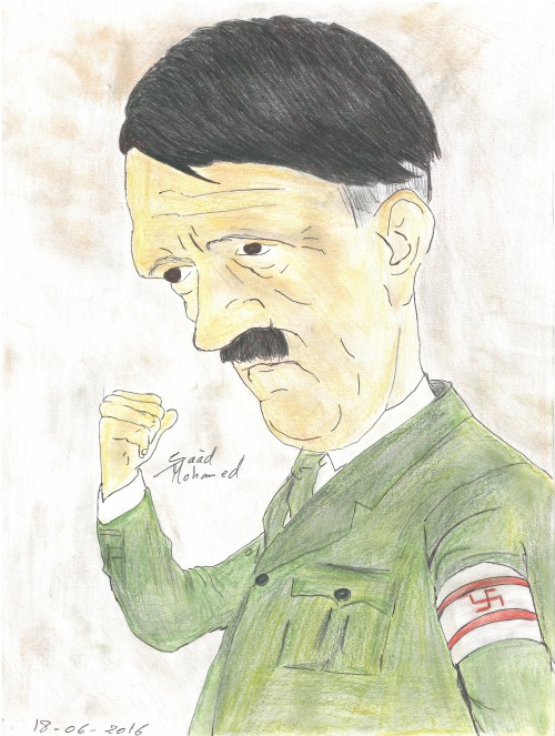 Caricature of adolf Hitler
Adolf Hitler (20 April 1889 – 30 April 1945) was a German politician who was the leader of the Nazi Party, Chancellor of Germany from 1933 to 1945 and Führer ("Leader") of Nazi Germany from 1934 to 1945. As dictator, Hitler initiated World War II in Europe with the invasion of Poland in September 1939, and was central to the Holocaust.
[Graphic design by Ahmed Wahid]