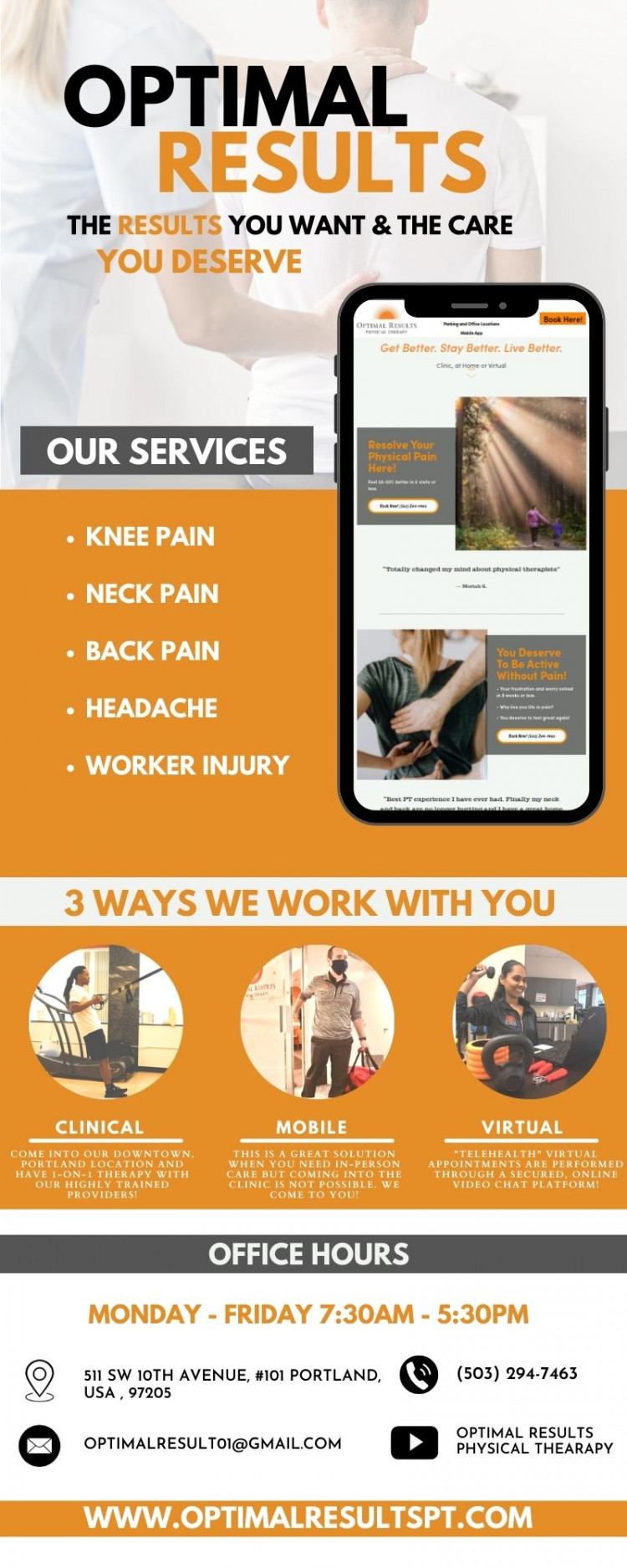 At Optimal Results, we have top rated workers comp physical therapy in Portland. Our promise is to help you in resolving the problem in one take.
https://optimalresultspt.com/