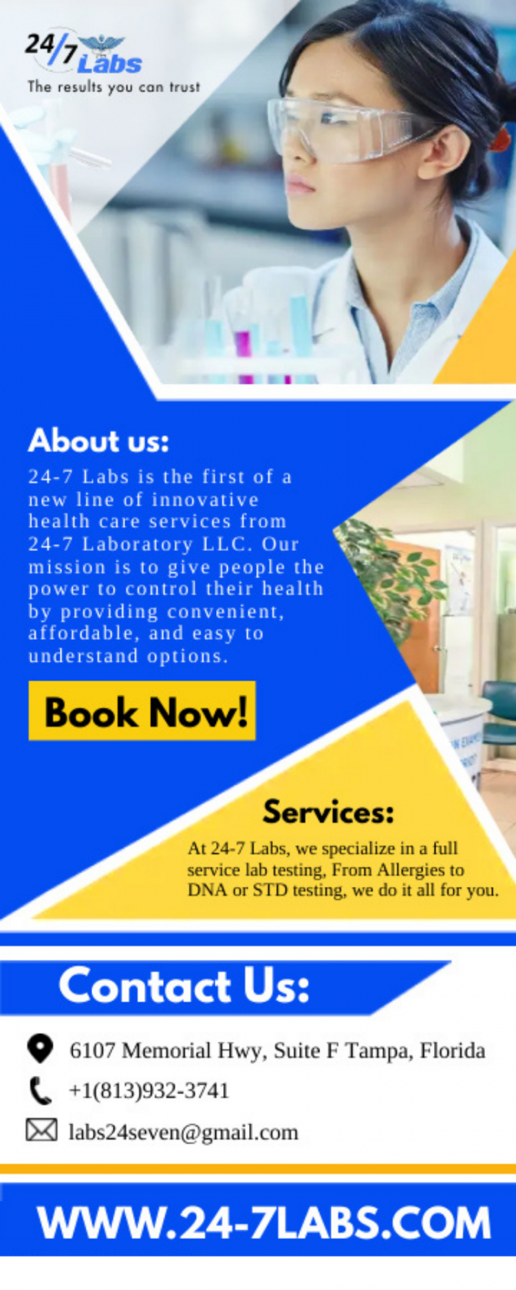 24-7 Labs is the first of a new line of innovative health care services from 24-7 Laboratory LLC. Our mission is to give people the power to control their health by providing convenient, affordable, and easy to understand options. 
https://www.24-7labs.com/