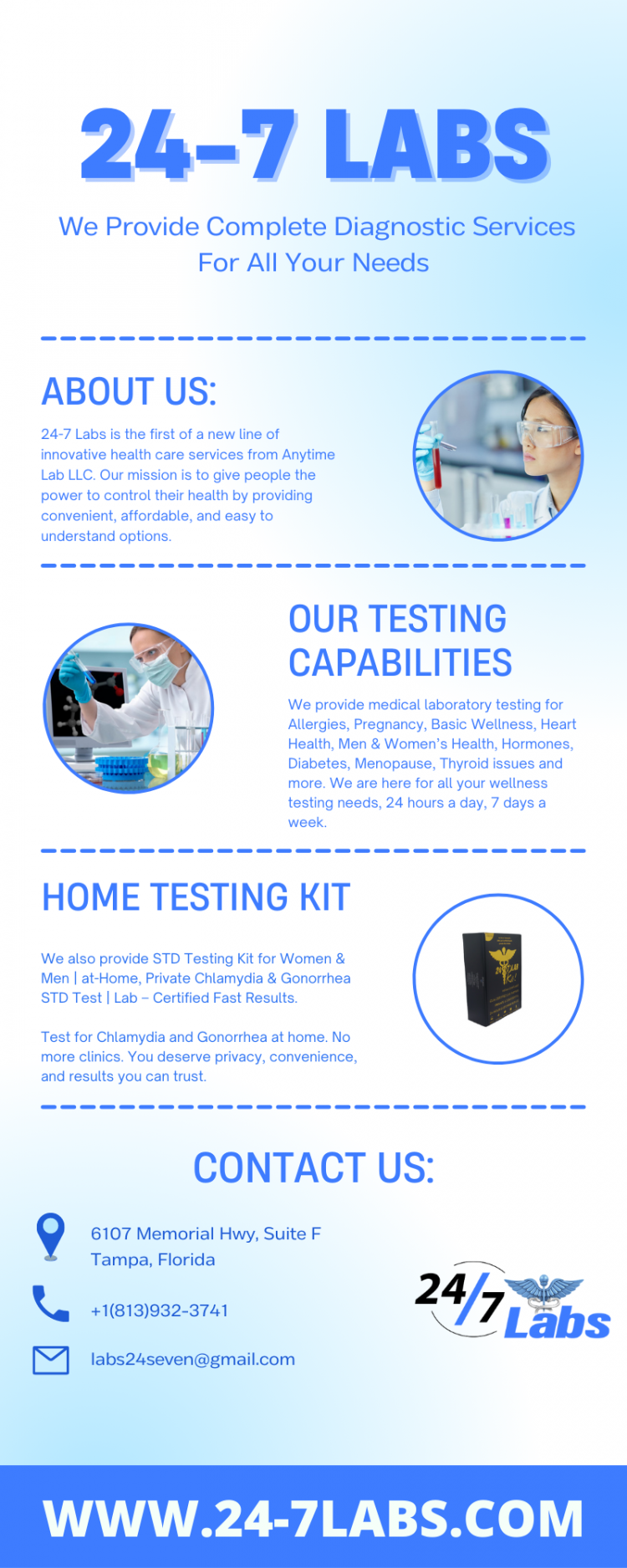 Your health is important, and so you deserve the best, most reliable testing services. 24-7 Labs provide over 90 tests for each age group, to help you keep yourself healthy for the long term. Our convenient, affordable options offer many advantages over a hospital or private practice, making it easier than ever to care for you. https://www.24-7labs.com/