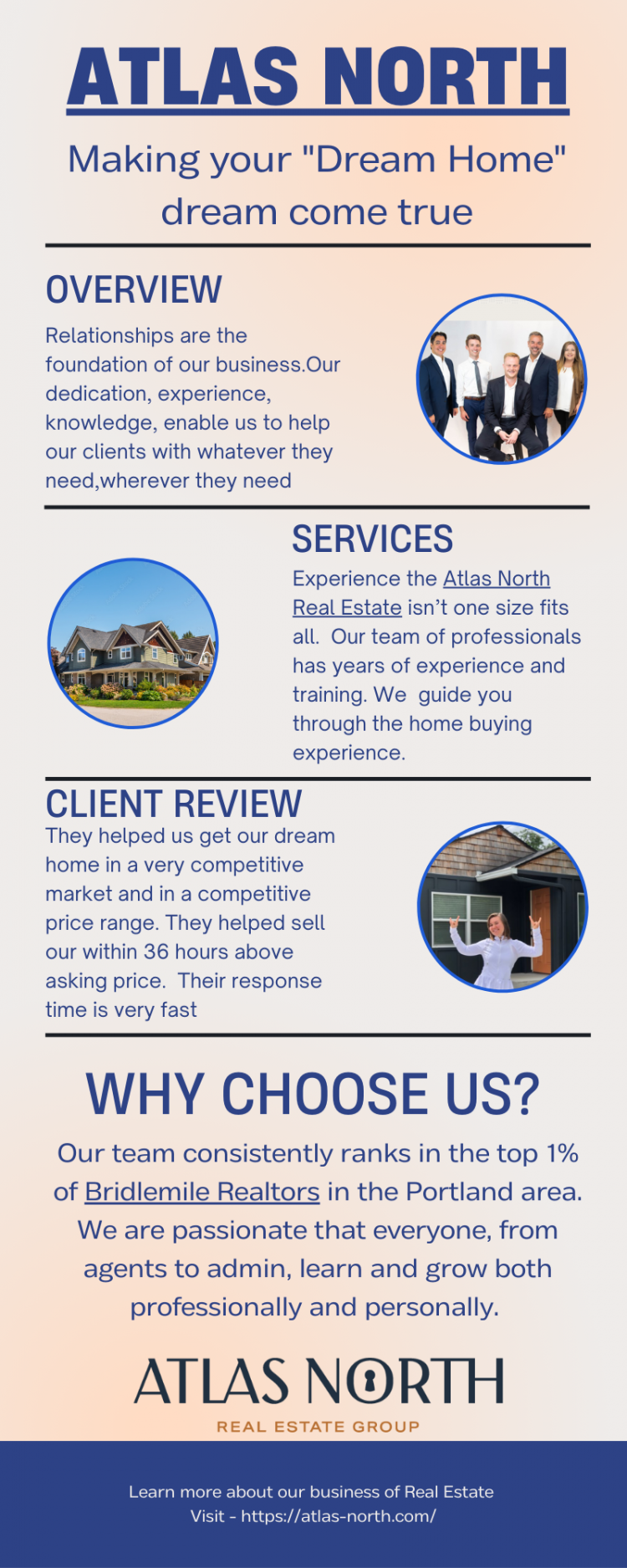 Atlas North customizes its services to meet the needs of its clients. We recognise that purchasing a home is a huge decision that only happens once or twice in a lifetime, and we're here to help you through every step of the process, from house hunting through closing. Atlas North real estate provide you the chance to live the life you've always wanted! For further information, please visit our website or call us at (503) 546-9955.