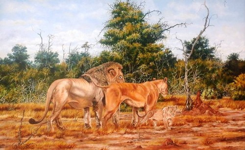 My pride, a depiction of the african lion family with a cub looking at me.
Painted in 2011 and reworked upon again in 2017.
The sky and the bushes have changed.
Having painted the first one in the dry season and the later in summer. And changing the title from lion country to My Pride 

Medium: Oils on Canvas

Size: 1390mm x 880mm