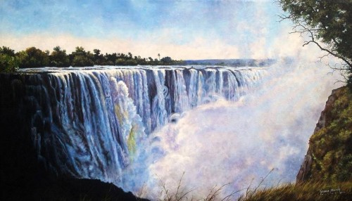 One of the Seven Natural Wonders of of this earth.
It was described by the Kololo tribe living in the area as  'Mosi-oa-Tunya' – 'The Smoke that Thunders'.
more than five hundred million cubic meters of water falling per minute  into a gorge over one hundred meters below

Medium: Acrylics On Canvas

Size: 950 x 600 mm
