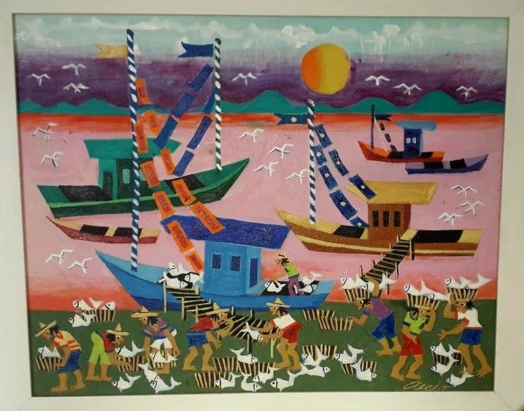 Aecio tema pescadores medida 60x60 galeria ajur sp divulgador da arte naif brasileira tel: 11-974152050