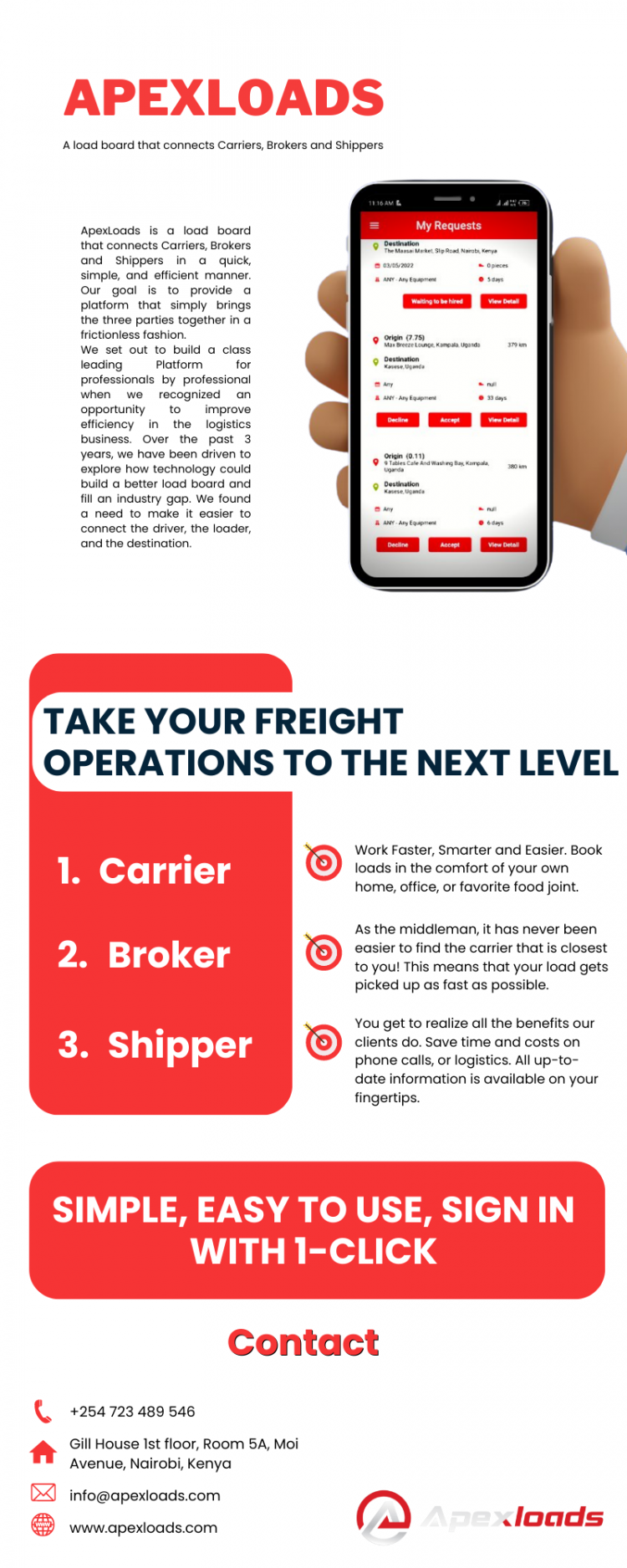 Apexloads is a load board that connects Carriers, Brokers and Shippers in a quick, simple, and efficient manner. Our goal is to provide a platform that simply brings the three parties together in a frictionless fashion.

https://apexloads.com/